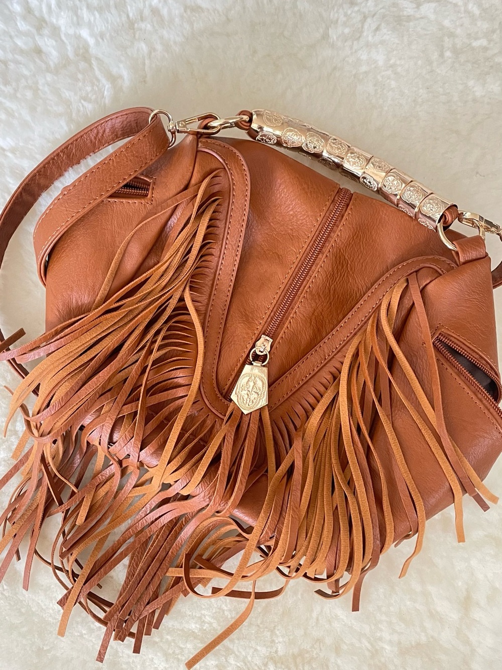 Fringed Brown Leather Shoulder Bag - Women's Fashion Purse ( NEW WITHOUT TAGS)